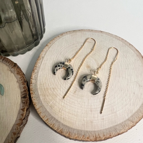 Long Tassel Chain with Moon Horn Natural Stone Pendant- Boho Edgy Earrings - Picture 9 of 16